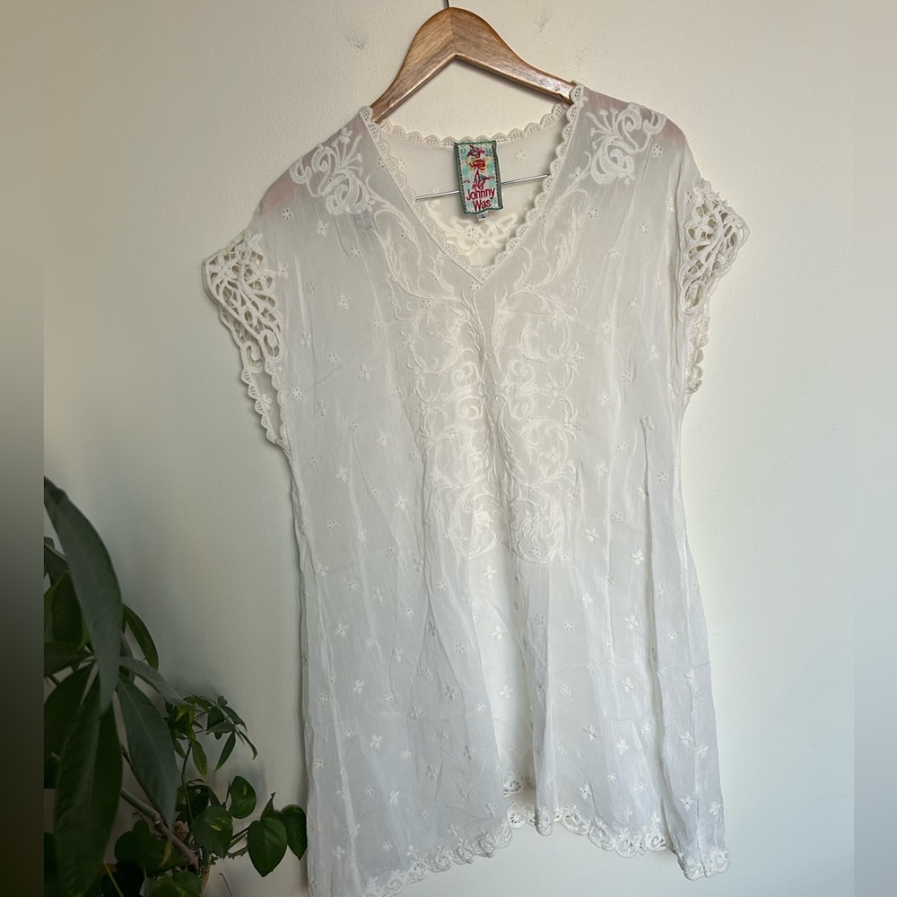 Johnny Was Johnny Lace Embroidered Cap Sleeve Tunic  Top Rayon White Size L
